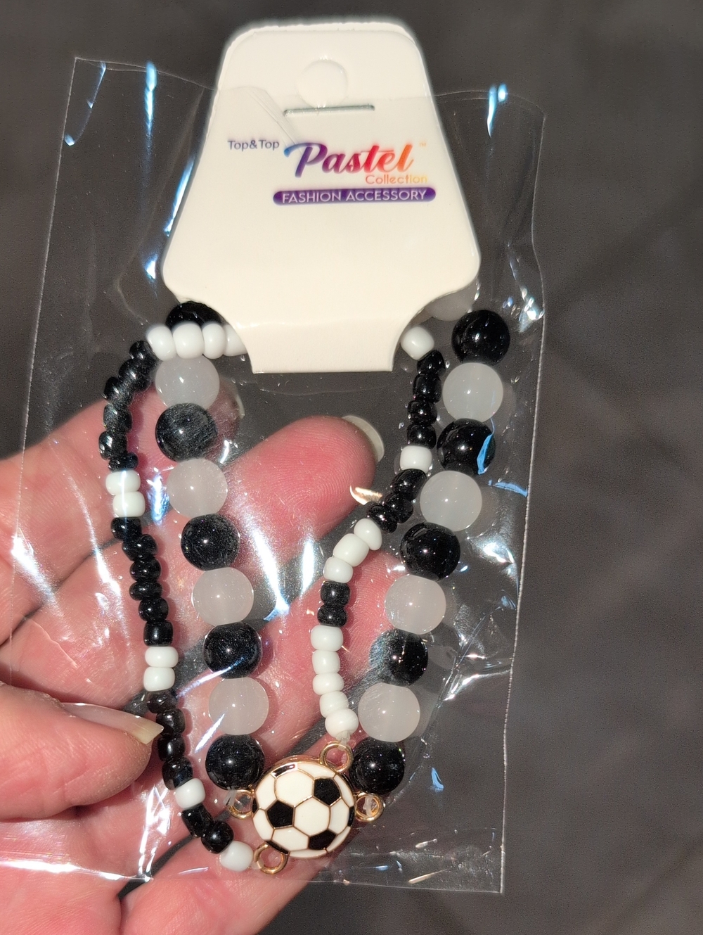 Soccer Ball Beaded Bracelet Black & White Set Of 2